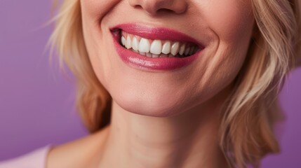 Obraz premium Joyful mature woman displaying her natural-looking veneers and enjoying skincare, set against a vibrant purple background