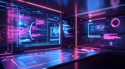 Fototapeta premium Digital workspace with virtual reality interfaces and glowing holographic screens