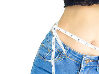 Weight loss woman slim body close up waist with jeans, shapely girl thin size non fat and calories,...