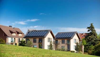 Fototapeta premium Two modern houses with solar panels sit on a green hill under a clear blue sky, showcasing eco-friendly architecture in a serene landscape.