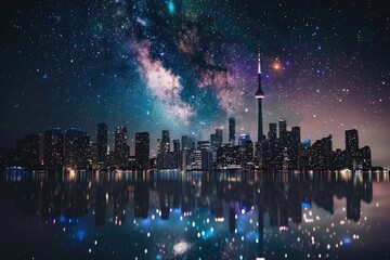 Fototapeta premium A mesmerizing double exposure of a cityscape interwoven with a starry night sky creating a dreamlike fusion of urban life and cosmic beauty