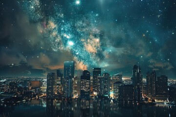 Fototapeta premium A captivating fusion of urban wonders and celestial beauty a double exposure cityscape that enchants the imagination