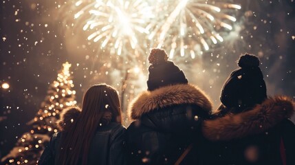 Group of young people celebrating new year eve with fireworks , snow ,Christmas tree background.