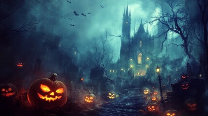 Spooky Halloween Night with Jack-O-Lanterns and an Eerie Castle