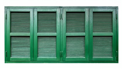 A rustic green shutter with horizontal slats, creating a charming and vintage aesthetic suitable for interior or exterior settings.