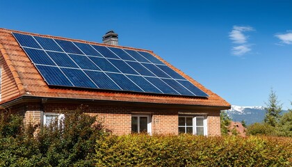 A quaint house features solar panels on the roof, surrounded by greenery, under a bright blue sky with scattered clouds.