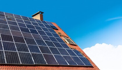 Fototapeta premium A house with solar panels on the rooftop under a clear blue sky, showcasing renewable energy technology.