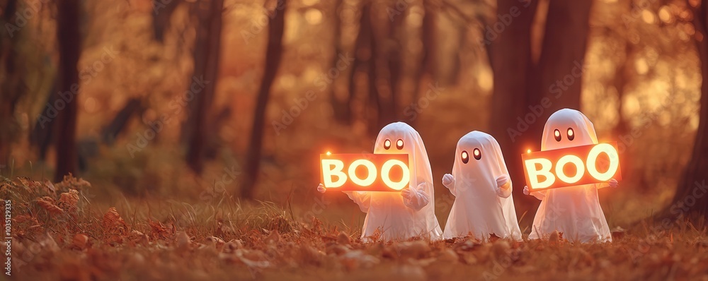 Sticker Halloween Ghosts Holding Boo Signs In Autumn Forest.