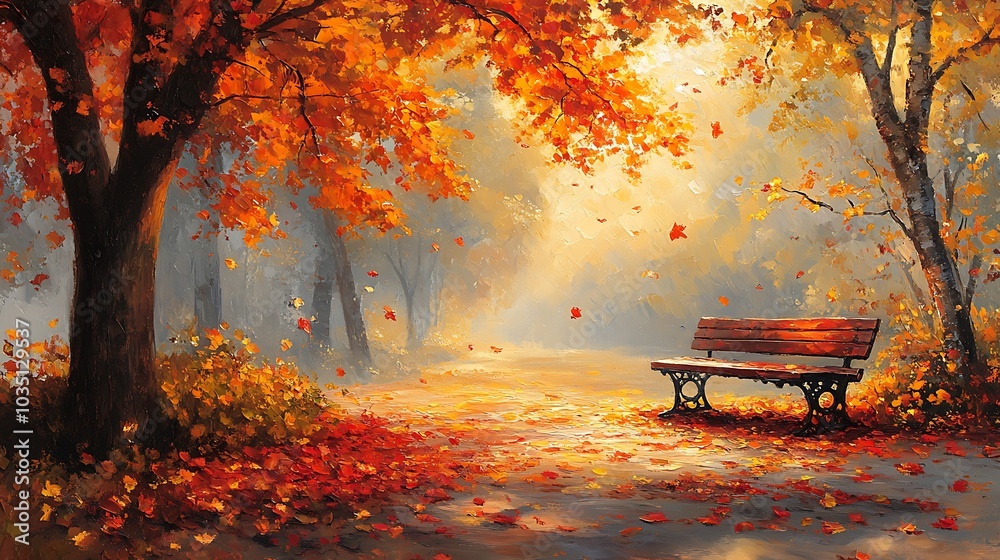 Canvas Prints Autumn leaves gently floating down from the trees, covering a quiet park bench in a layer of vibrant reds and yellows, soft sunlight illuminating the peaceful scene,