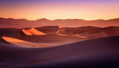Naklejka premium Golden Sand Dunes at Sunset. Serene Desert Landscape with Rolling Shadows, Soft Light, and Distant Horizon, Ideal for Travel Posters, Background Textures, Website Banners with Ample Copy Space