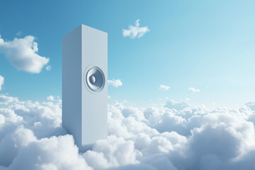 Futuristic speakers floating among clouds in blue sky

