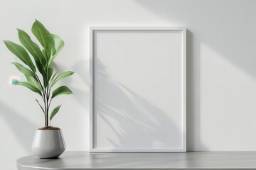 White frame mockup placed on a minimalist coffee table in a bright room, ultrarealistic detail of smooth frame edges and clean aesthetic