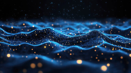 Abstract digital landscape with glowing blue waves and particles