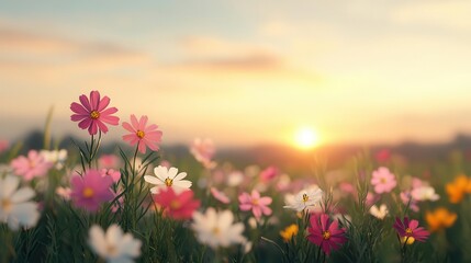 Fototapeta premium Wildflowers blooming in a meadow at sunrise, wind gently swaying their petals, ultrarealistic detail of natural beauty and colors