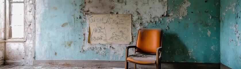 An abandoned room with peeling blue walls and an old chair, evoking a sense of nostalgia and forgotten stories of the past.