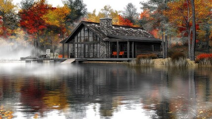 Obraz premium A Rustic Cabin by the Lake in Autumnal Forest