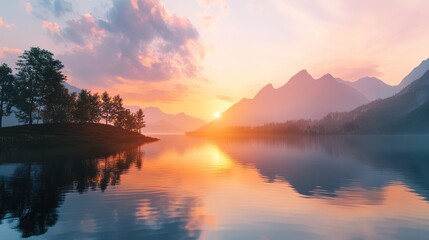 Fototapeta premium Serene Landscape at Sunset with Mountain Reflections