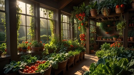 Fototapeta premium Sunbeams illuminate a greenhouse filled with various plants and red tomatoes.