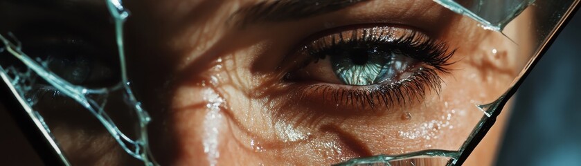 Obraz premium Close-up of a person's eye reflected in shattered glass, conveying emotions of vulnerability and intensity.