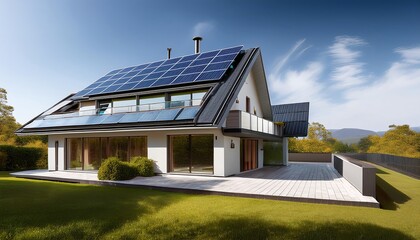 A modern home with solar panels, surrounded by greenery, featuring large windows and a spacious patio, emphasizing energy efficiency and contemporary design.
