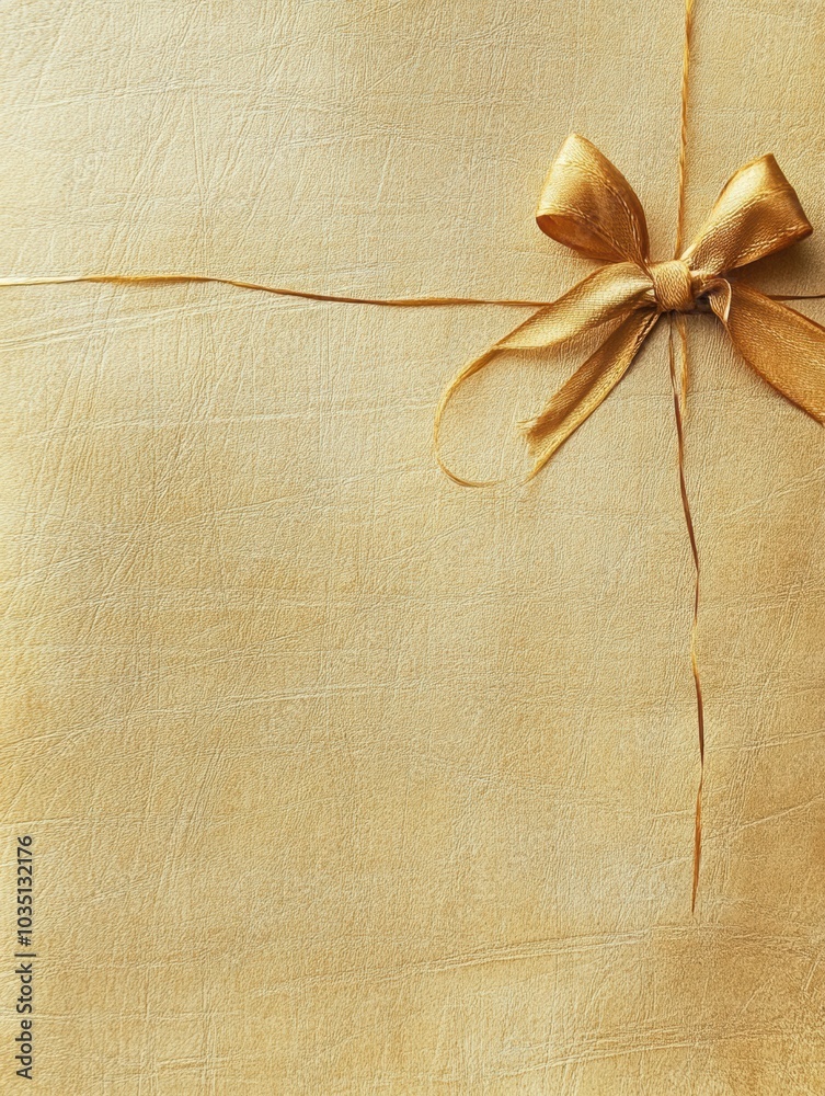 Aufkleber A charming gift box with a golden bow is placed in the corner of textured wrapping paper, creating a festive and elegant atmosphere. Generative AI