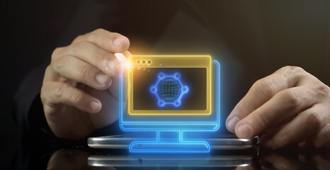 Web icon, SEO search engine optimization concept. Marketing ranking traffic website, internet technology for business company. Businessman shows glowing neon line of Web icon on virtual screen.