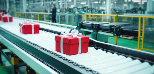 Naklejka premium Gifts on conveyor belt, in warehouse or production hall or logistics center, Christmas gift production, red gifts white and silver bow, industry and Christmas shop