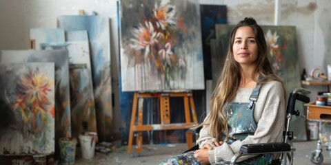Female artist in wheelchair sitting in art studio surrounded by paintings.
