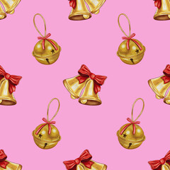 Xmas. Watercolor pattern with Christmas bells and bows. Perfect for print, websites, textile design, souvenirs, scrapbooking, wrapping paper. Christmas. New Year. Pattern. Watercolor drawing