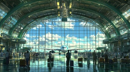 Passengers Waiting In An Airport Hangar With Airplane Visible Through Glass Roof