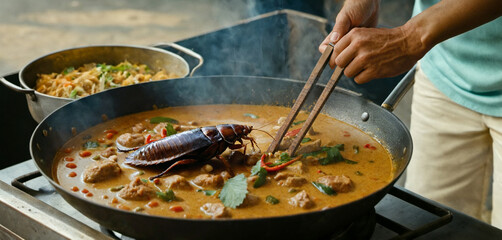abstract, disgusting and funny, a cockroach as unhygienic food in a street kitchen, typical cooking of curry in a large frying pan in a street kitchen as street food