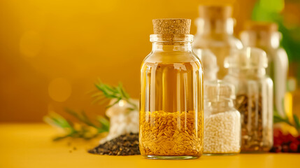 A collection of herbs and spices is displayed on a vibrant yellow surface, featuring a glass jar filled with oil, surrounded by various containers of ingredients