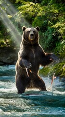 Fototapeta premium wildlife grizzly bear salmon river nature forest fishing hunting predator powerful 