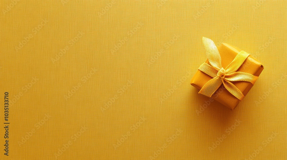 Poster A neatly wrapped small gift box adorned with a ribbon is placed in the corner against a textured light backdrop that resembles wrapping paper. Generative AI