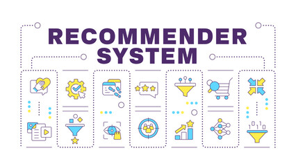Recommender system word concept isolated on white. Machine learning. Data management, filtering. Creative illustration banner surrounded by editable line colorful icons. Hubot Sans font used