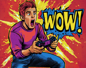 Excited gamer in pop art style, with a shocked expression while holding a game controller, vibrant comic book elements, and explosive "WOW!" text