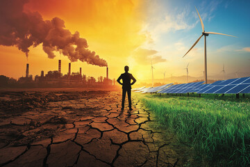 Fototapeta premium person standing between the polluted ground of an industrial landscape and a lush, green field with solar panels and wind turbines, symbolizing the contrast between pollution and sustainability
