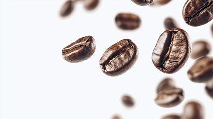 Fototapeta premium Flying coffee beans captured in motion on a white background. AI generated image