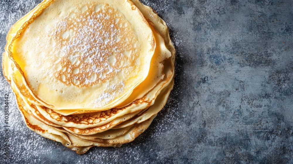 Poster a stack of freshly made golden crepes sits on a rustic surface, lightly dusted with powdered sugar, 
