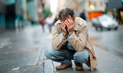 A distressed middle-aged man crouches in the middle of a city street, covering his face in despair, symbolizing personal struggle, emotional breakdown, or societal pressure in an urban environment