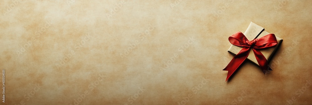 Poster a small gift box with a red ribbon is elegantly placed in the corner of a light textured background 
