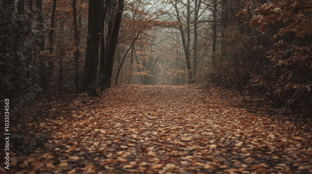 Poster a peaceful path meanders through a forest, blanketed in vibrant autumn leaves. trees tower on either