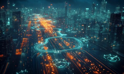 Futuristic city with glowing roads and buildings.
