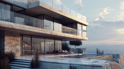 Fototapeta premium A contemporary two-story villa by the shore, highlighting a large terrace and an empty pool space in front. The villa is made of stone and glass