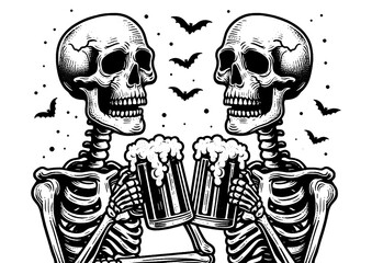 two skeletons clinking beer mugs, surrounded by bats, fun and spooky Halloween-themed scene in a vintage style sketch engraving generative ai PNG illustration. Black and white image.
