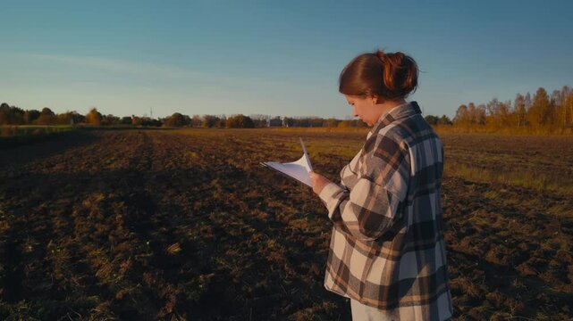 Farmer Assessing Crop Potential in a Plowed Field During Autumn at Sunset