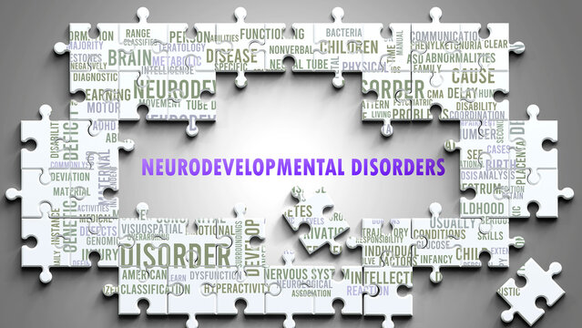 Neurodevelopmental Disorders - a complex subject, related to many concepts. Pictured as a puzzle and a word cloud. ,3d illustration