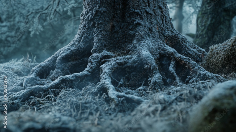 Aufkleber A detailed view of frost-laden tree roots intertwining in a mystical forest at dawn, enveloped in a gentle mist. The scene captures nature's ethereal beauty and the quiet stillness of early morning.