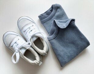 A set of children's and teenage clothes with accessories on a light background.