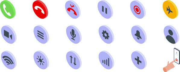 End call icons set. Hand is using a smartphone with a variety of app buttons in an isometric view